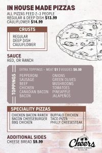 Cheers pizza menu