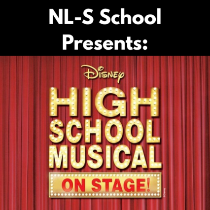 a red curtain with the title: Disney's High School Musical on Stage