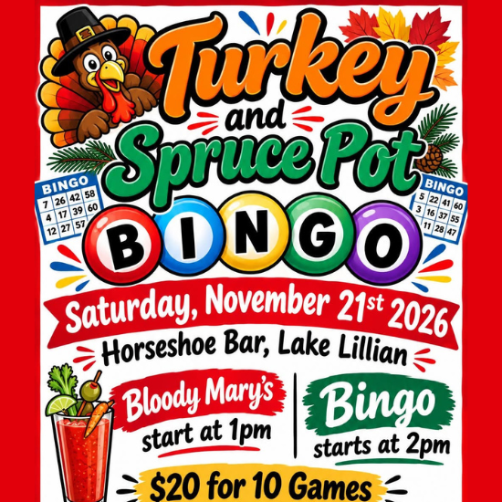 details for the turkey and spruce pot bingo in lake lillian