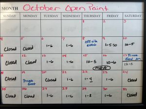 a calendar with the open hours of Artsy Fartsy