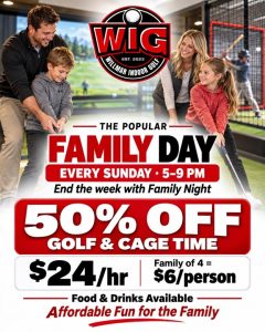 a family showing their kids how to golf at willmar indoor golf