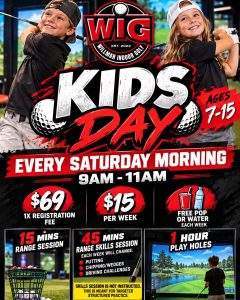 two kids swinging golf clubs and details for Kids Day