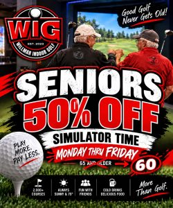 Two elderly fist bumping at WIG with details on the Senior Rate