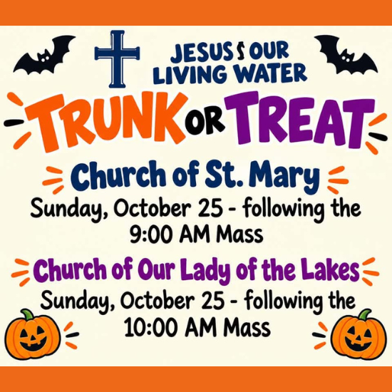 details for trunk or treat at church of St. mary and church of our lady of the lakes