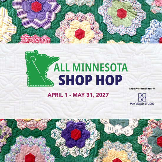 a quilt background with the All MN Shop Hop dates for 2027