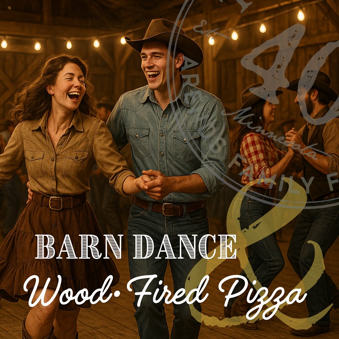couple dancing in a barn with Back 40 wood fired pizza logo