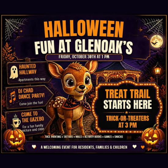 a young deer in a Halloween scene with details for an event at Glen Oaks