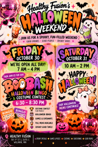 an Ai made flyer with Halloween decorations and details for Healthy Fusion's Halloween boo bash