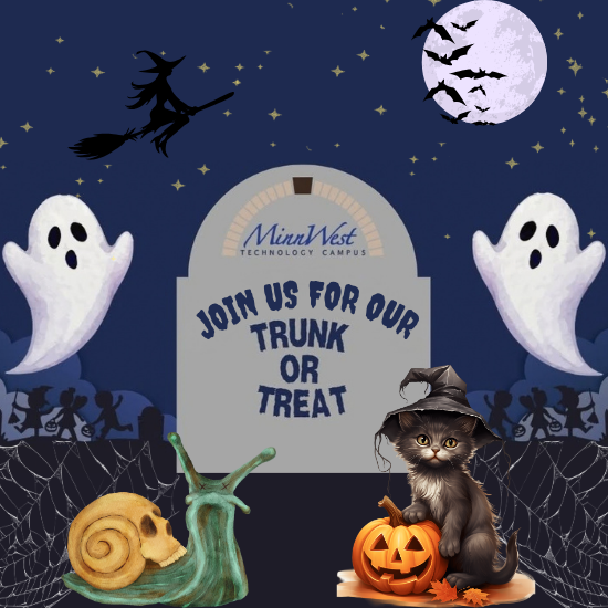 Halloween scene with MinnWest Technology logo on gravestone with Trunk or Treat