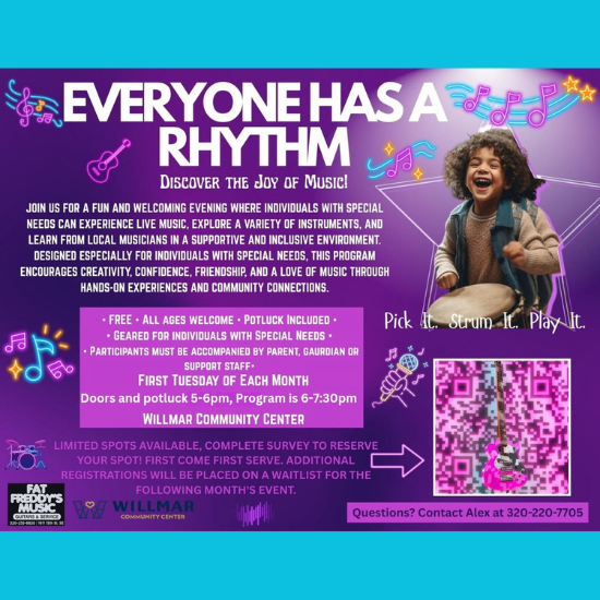 details for Everyone Has A Rhythm event with a kid playing a drum