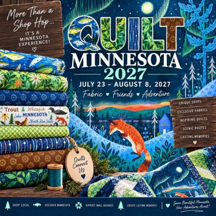 Quilt MN 2027 Save the Date with a variety of fabrics shown