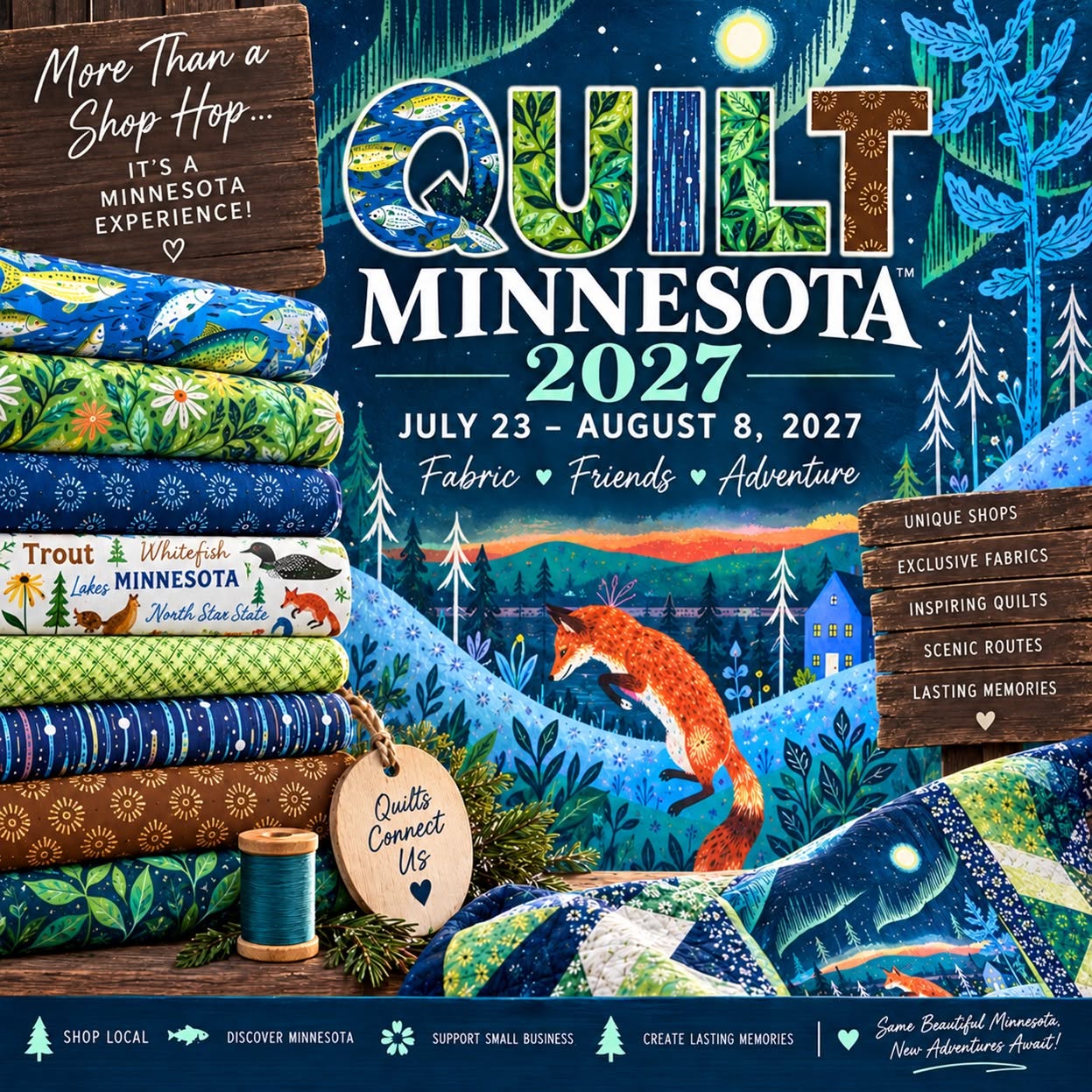 Quilt MN 2027 Save the Date with a variety of fabrics shown