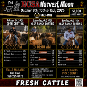 flyer with details for the NCSA Harvest Moon event at Smilin' D Arena
