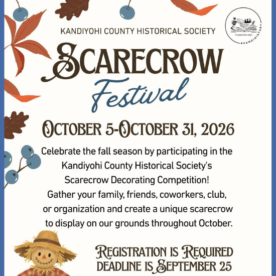 flyer with details to the scarecrow festival at the kandiyohi county historical society