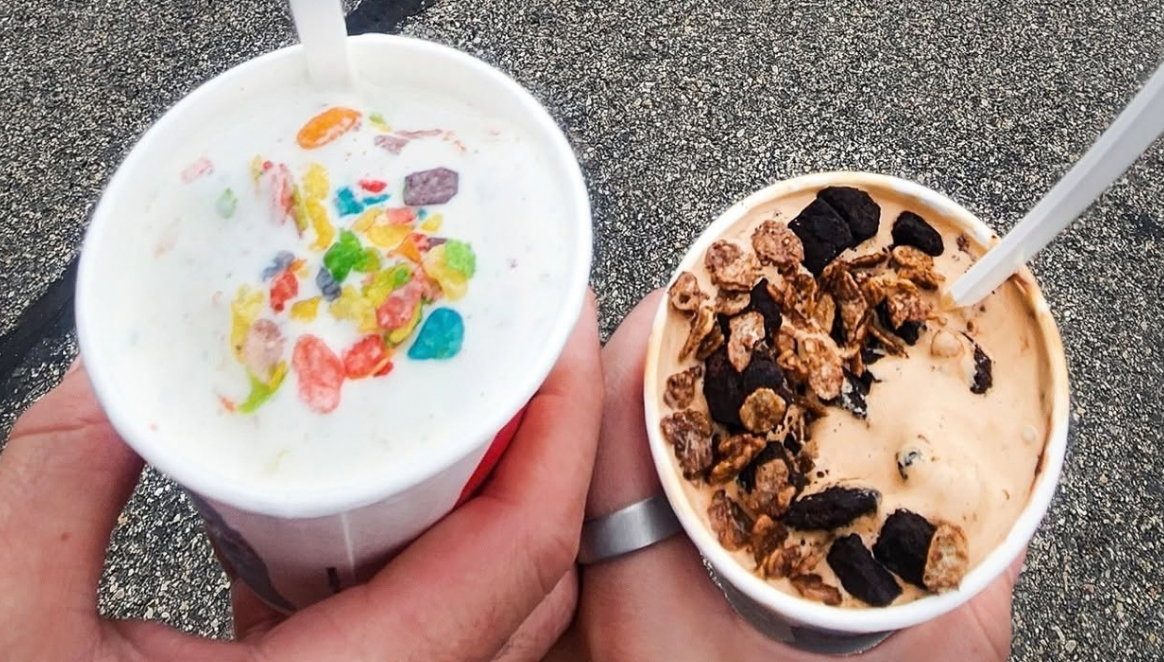 two ice cream shakes topped with cereal