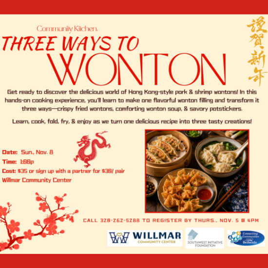 poster with the details of the community kitchen of three ways to wonton