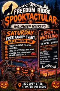 a jeep decorating in orange halloween lights with jack-o-lanterns and the details for the Freedom Ridge Spooktacular