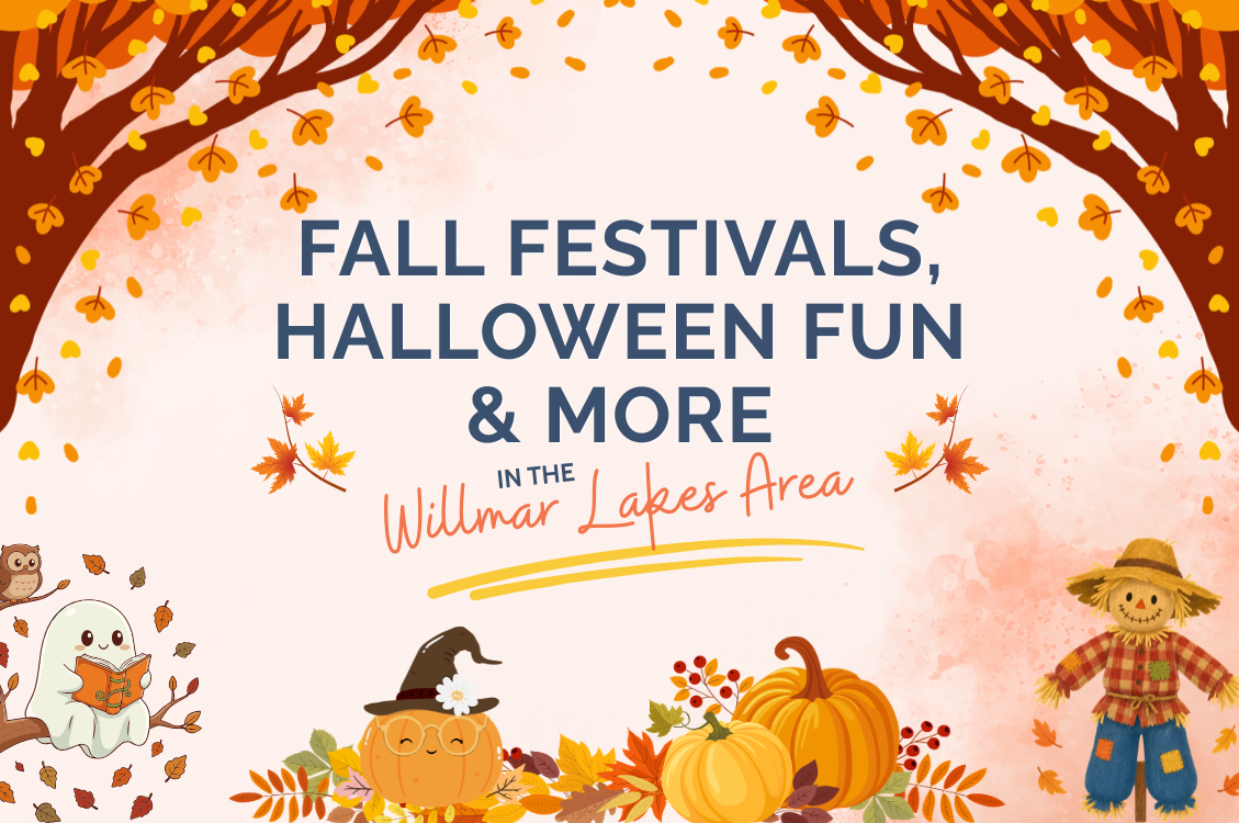 pumpkins, scarecrow, ghost reading, fall trees and leaves