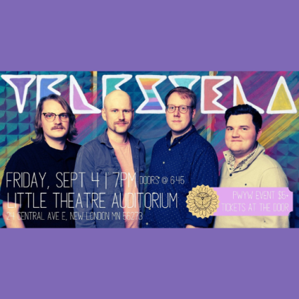 a poster with details to Telestela event with 4 men pictured