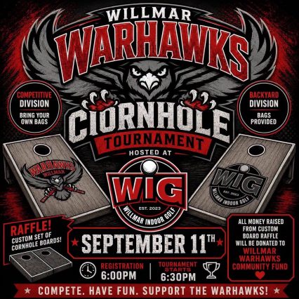 poster with details for the Willmar WarHawks cornhole tournament