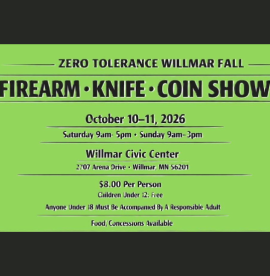a green flyer with the details to the zero tolerance willmar fall firearm, knife, and coin show