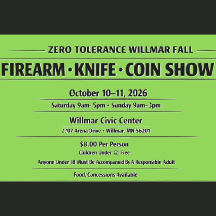 a green flyer with the details to the zero tolerance willmar fall firearm, knife, and coin show