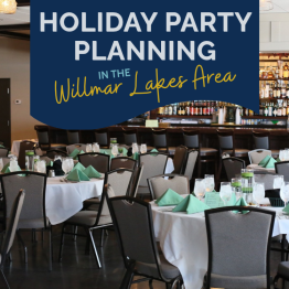 decorated tables in an event center with a bar in the background
