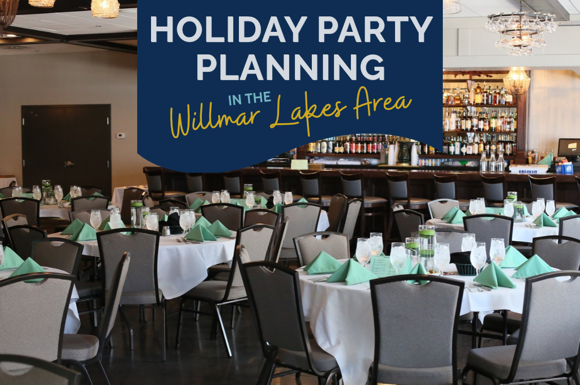 decorated tables in an event center with a bar in the background