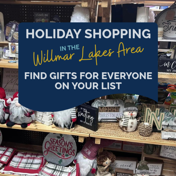 a variety of holiday decor gifts on shelves at a shop