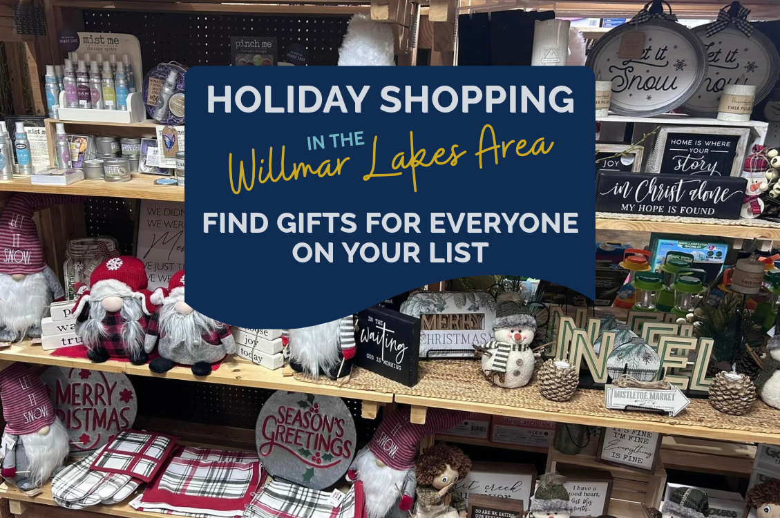 a variety of holiday decor gifts on shelves at a shop