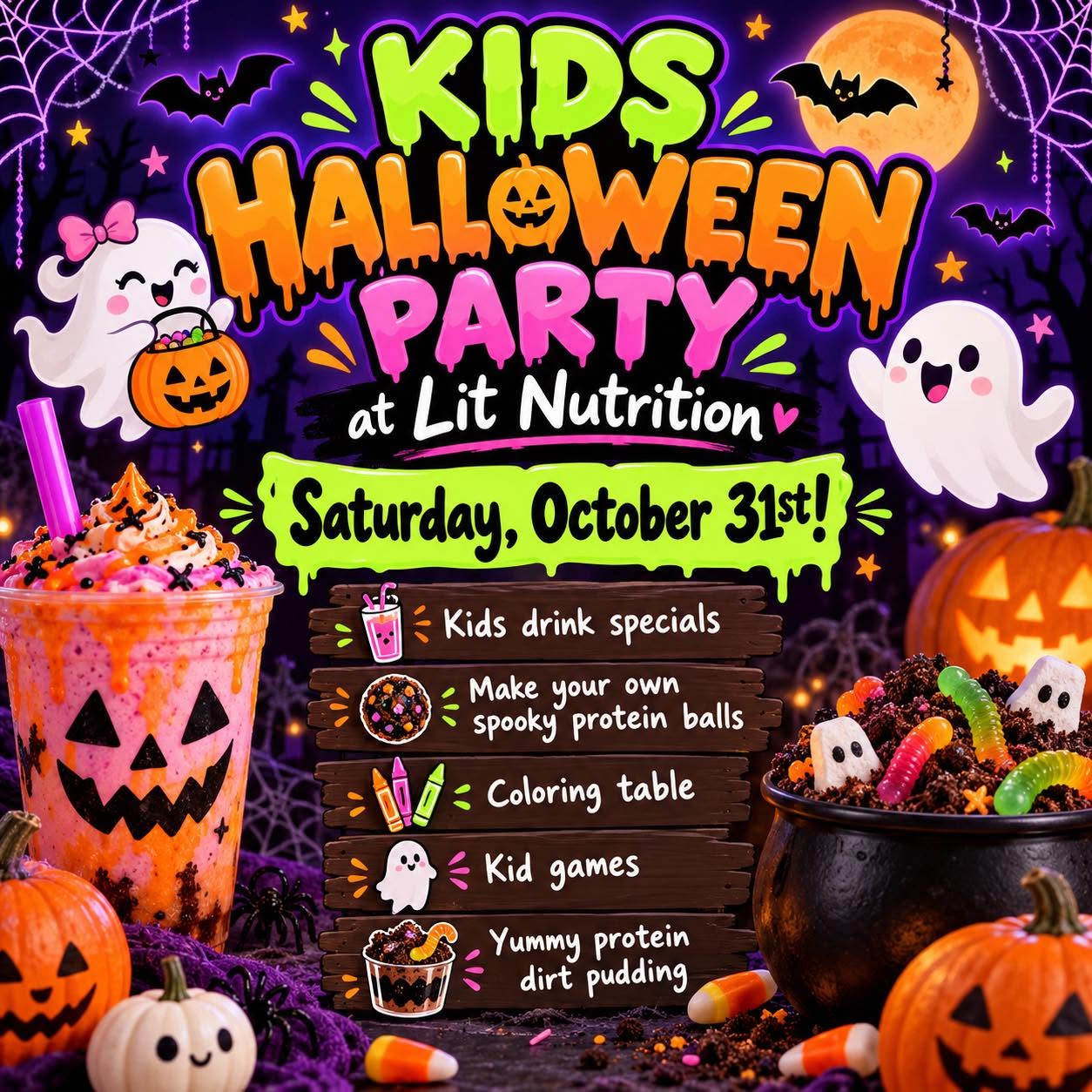 Halloween flyer with details for the Lit Nutrition Kids Party