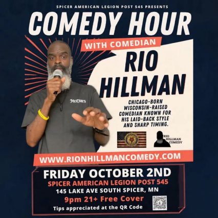 a picture of a man with a microphone and details for the comedy show