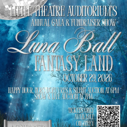 a night sky with a silver disco ball and details for the Luna Ball on Oct 29