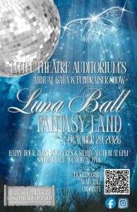 a night sky with a silver disco ball and details for the Luna Ball on Oct 29