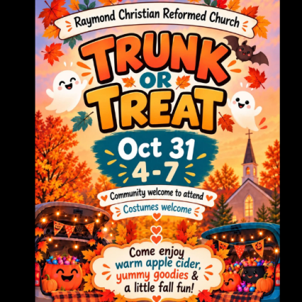 a fall scene with a church and trunk or treat cars
